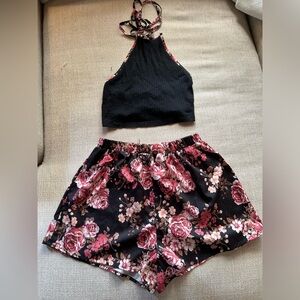 SHEIN two piece outfit. Floral shorts with a black tank top.